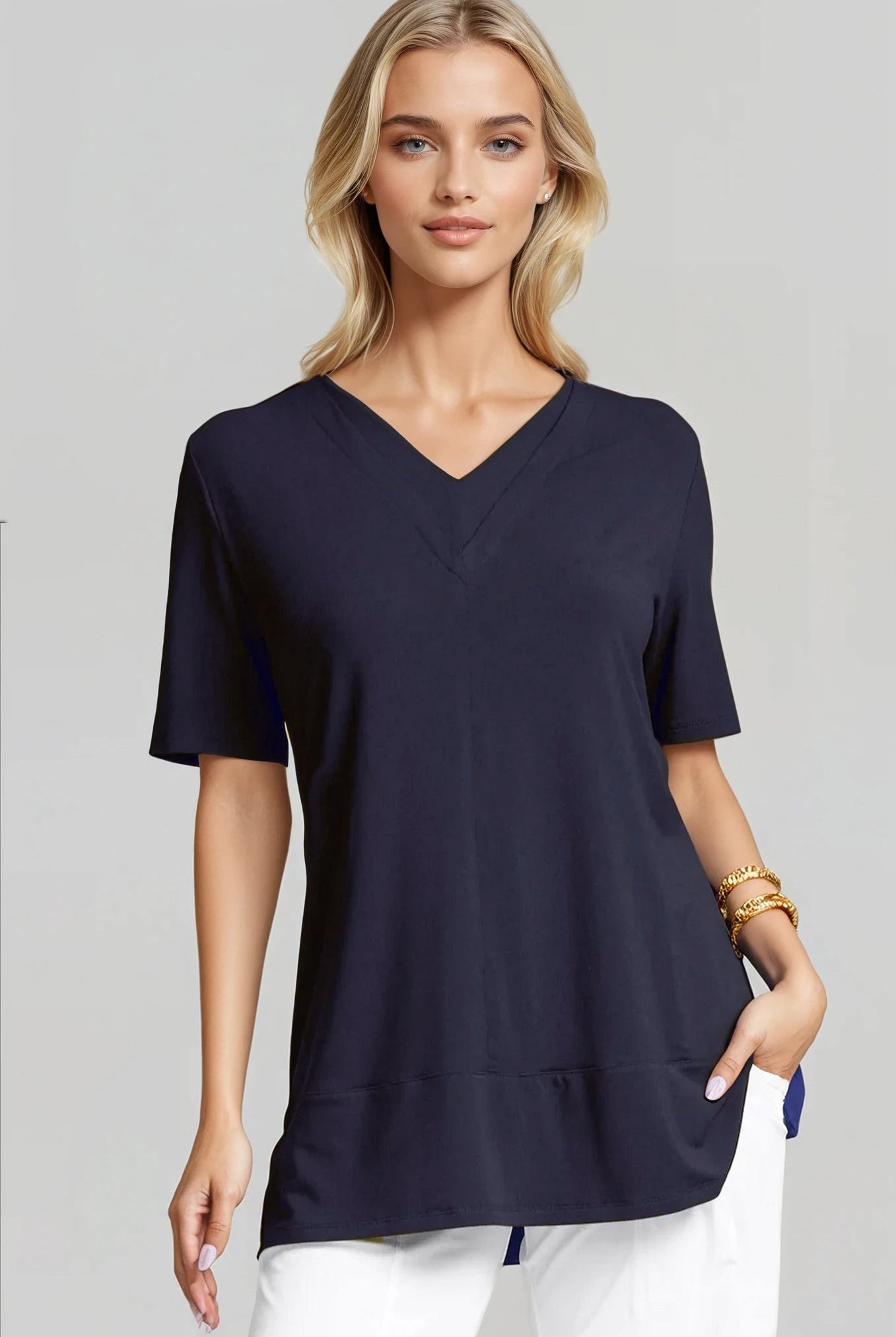 PAULA RYAN Double V Neck Top – Micromodal Navy - Paula Ryan