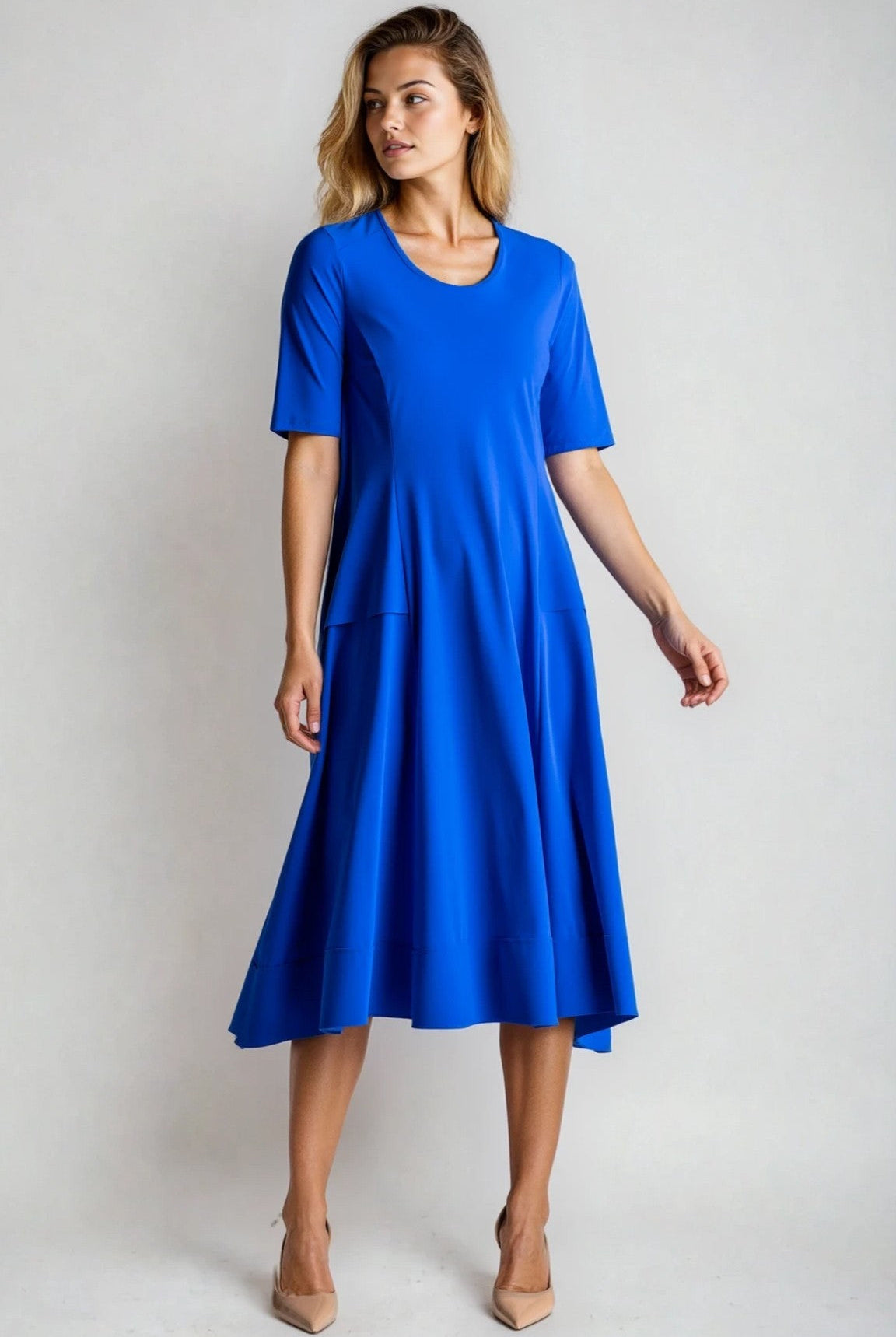 PAULA RYAN A-line Half Sleeve Tab Dress - Greek Blue Microjersey - Paula Ryan