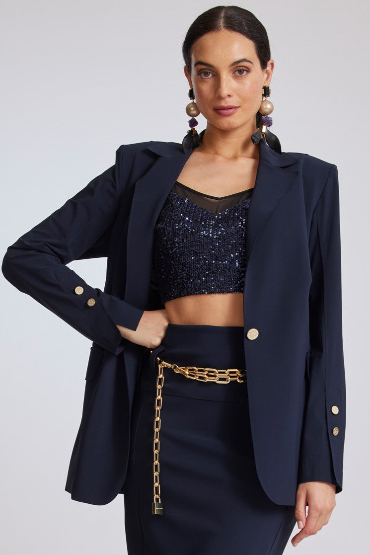 PAULA RYAN Long-line Boyfriend Jacket - Microjersey Navy - Paula Ryan