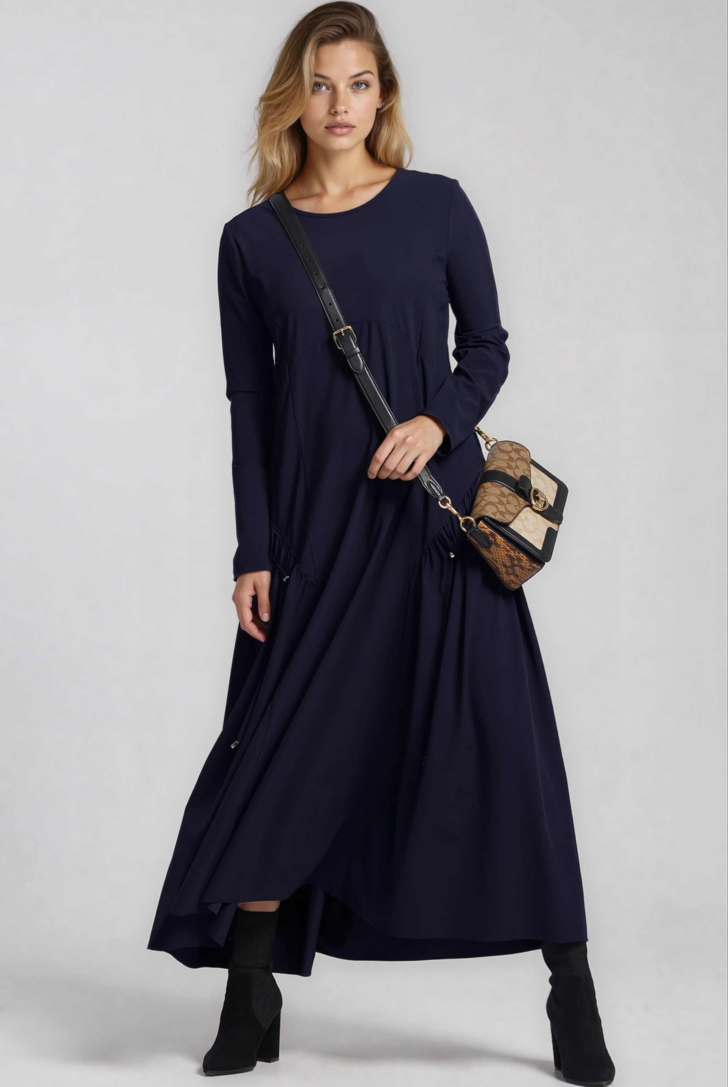 PAULA RYAN Long Sleeve Arched Front Dress - Navy - Paula Ryan
