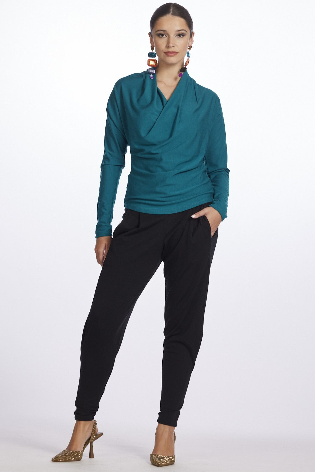 PAULA RYAN Deep Cowl Neck Merino Top - Jade - Paula Ryan