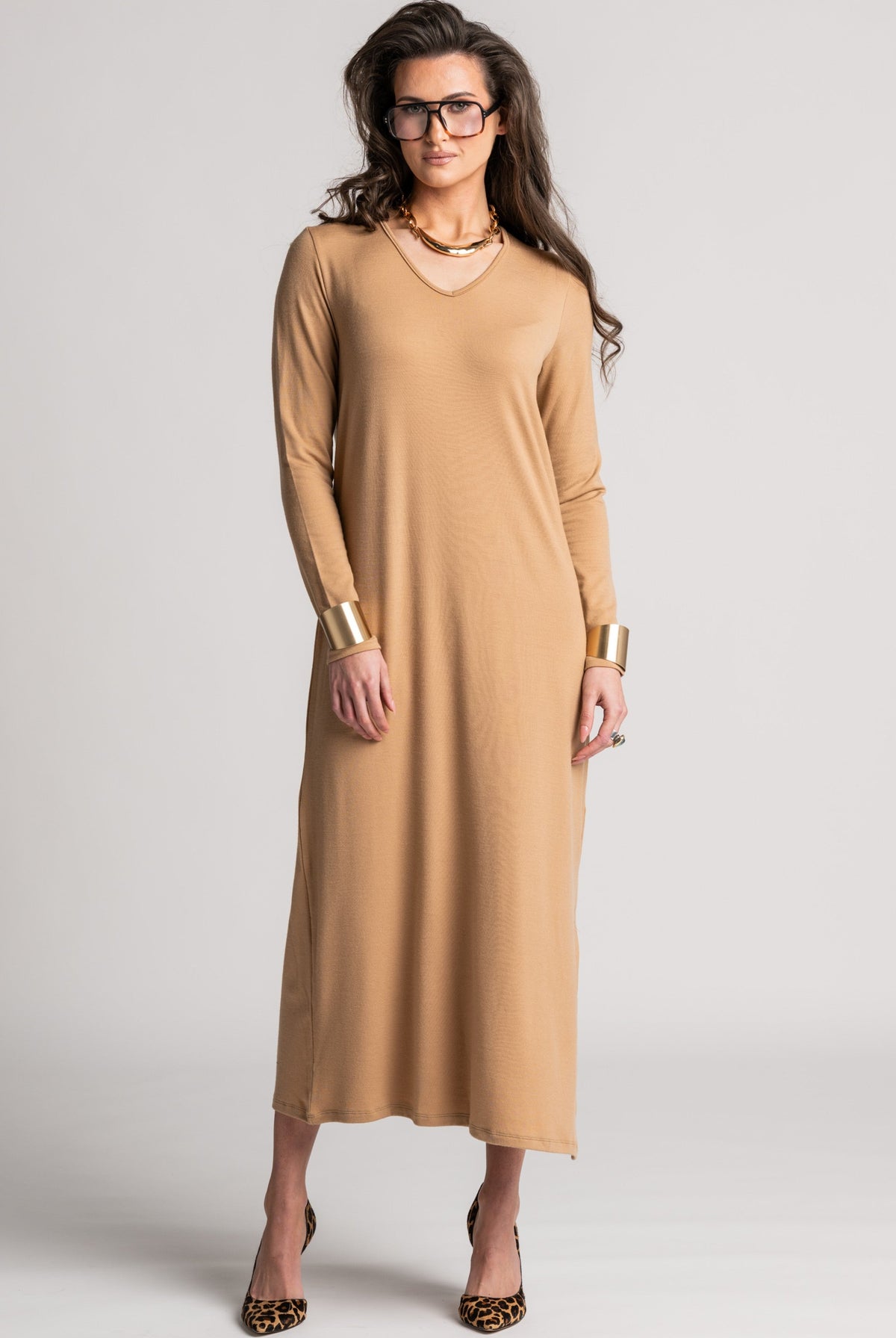PAULA RYAN V Neck Sheath Dress - Camel Merino - Paula Ryan