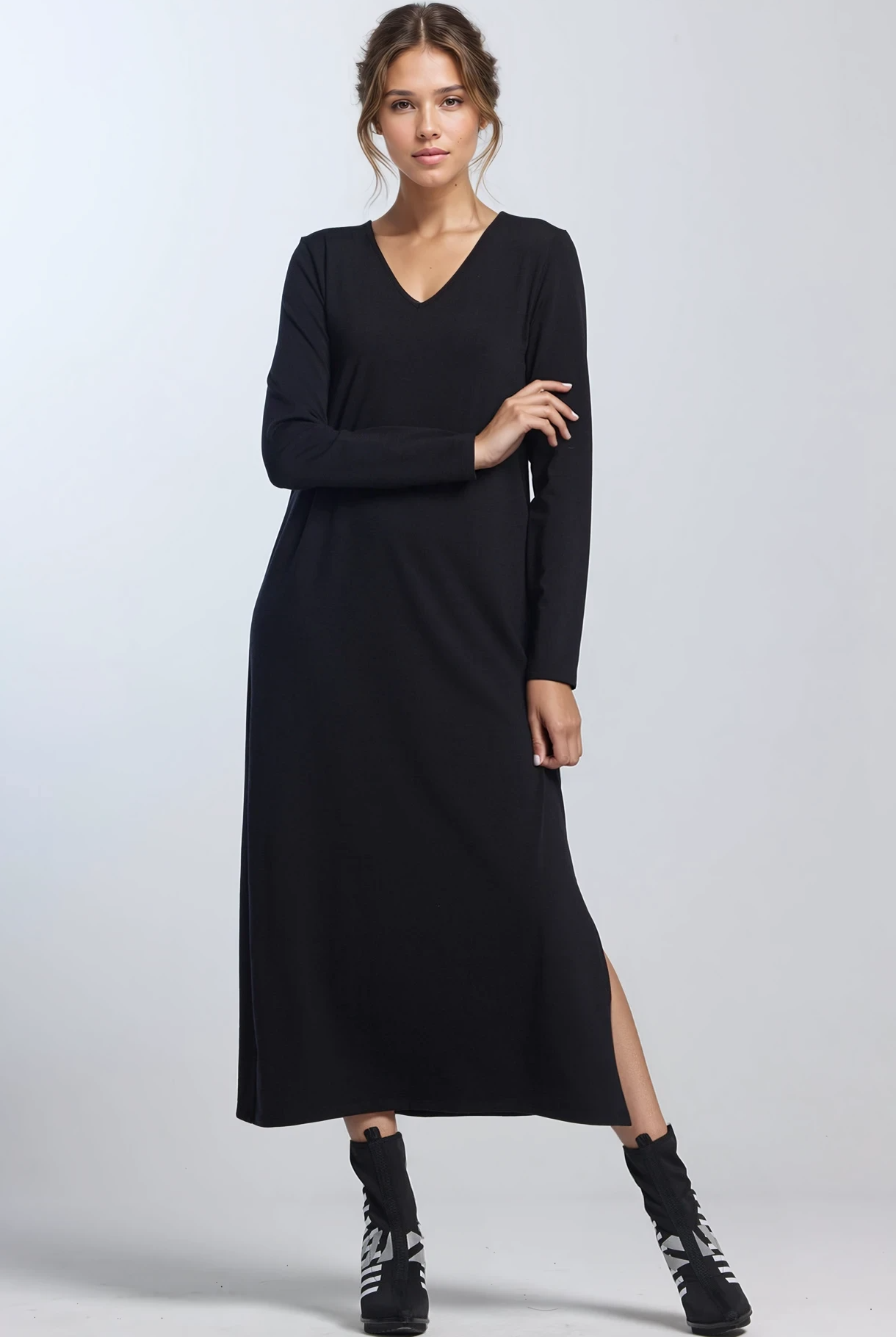 PAULA RYAN V Neck Sheath Dress - Black Merino - Paula Ryan