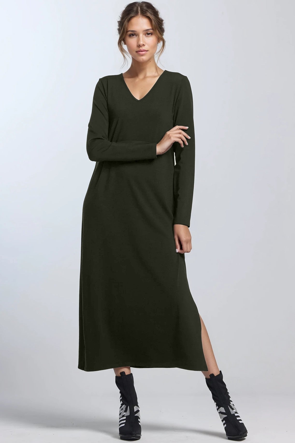 PAULA RYAN V Neck Sheath Dress - Khaki Merino - Paula Ryan
