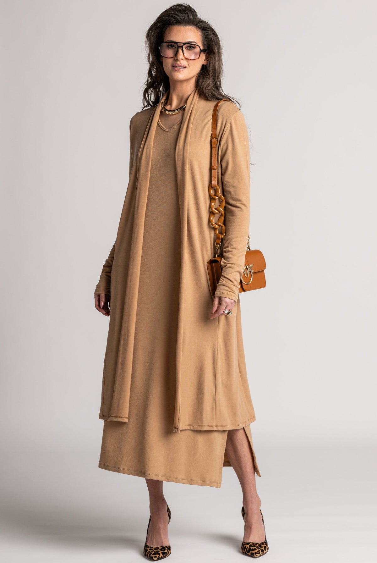 PAULA RYAN V Neck Sheath Dress - Camel Merino - Paula Ryan