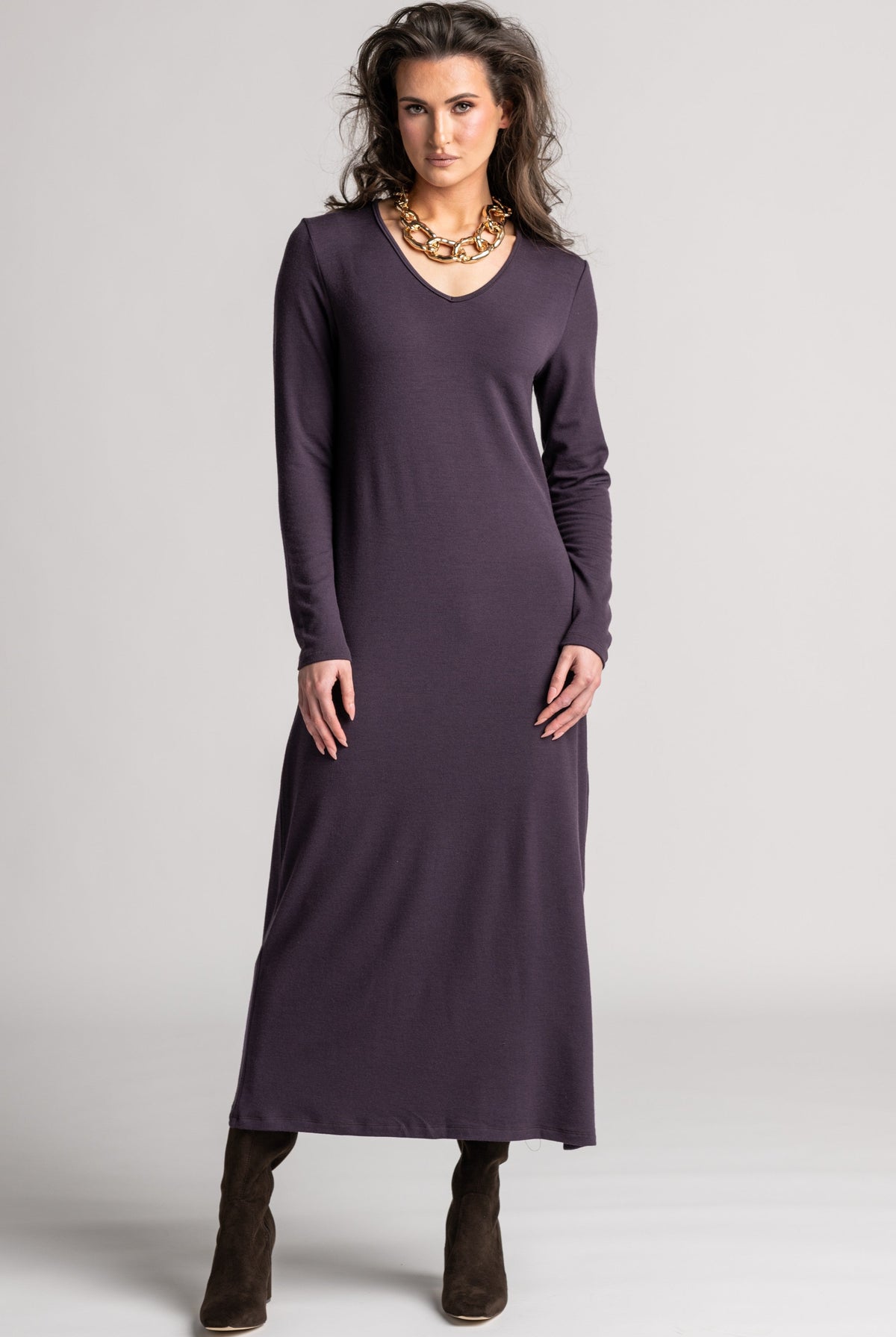 PAULA RYAN V Neck Sheath Dress - Cocoa Plum Merino - Paula Ryan
