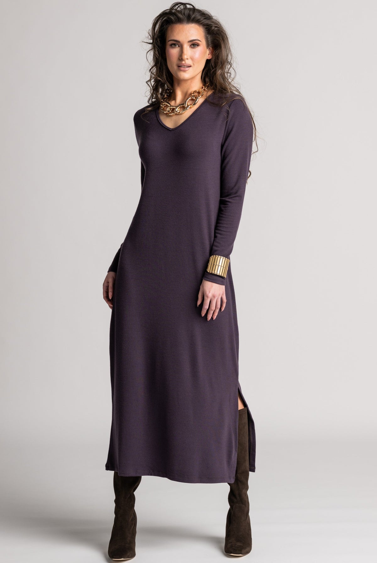 PAULA RYAN V Neck Sheath Dress - Cocoa Plum Merino - Paula Ryan