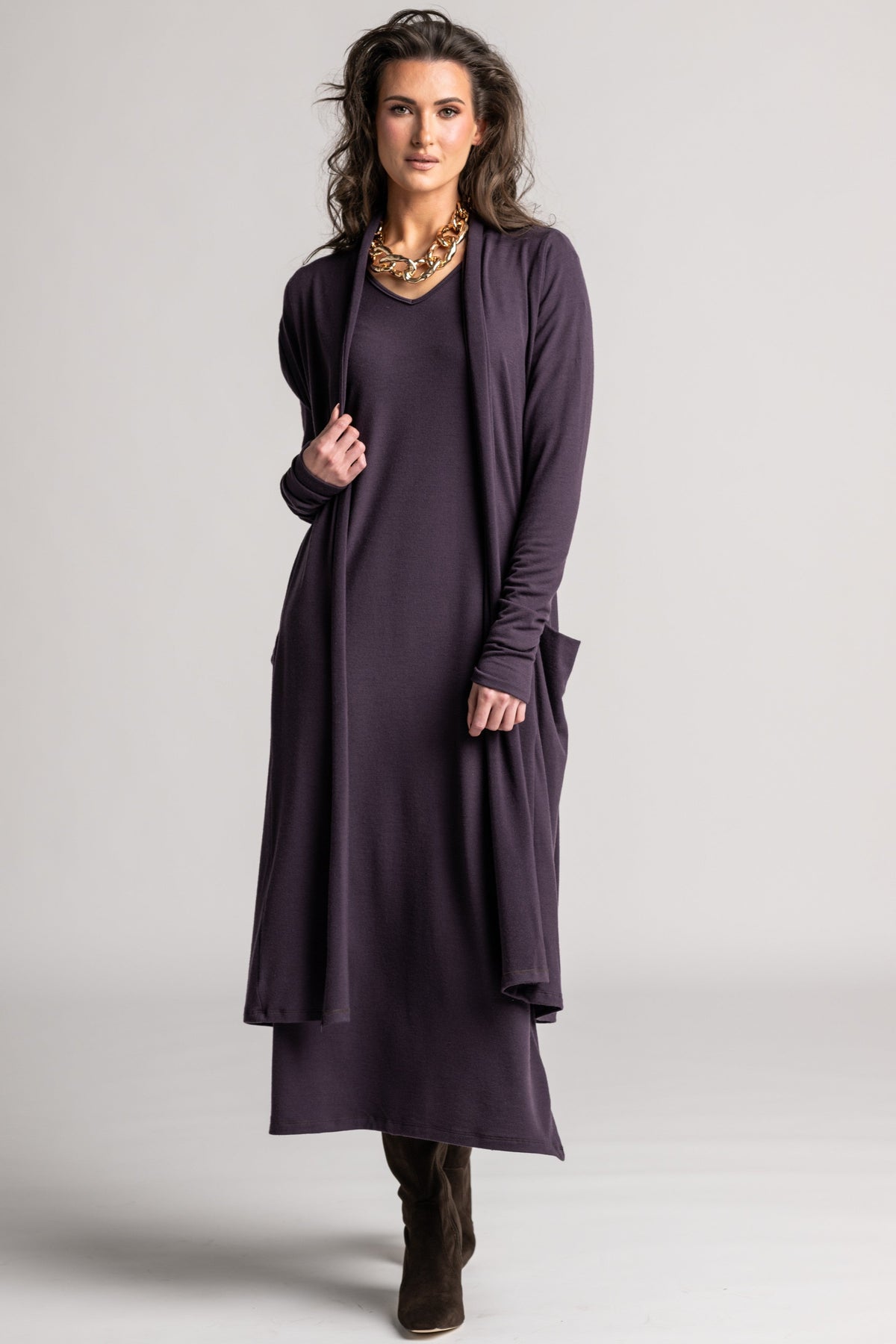 PAULA RYAN V Neck Sheath Dress - Cocoa Plum Merino - Paula Ryan