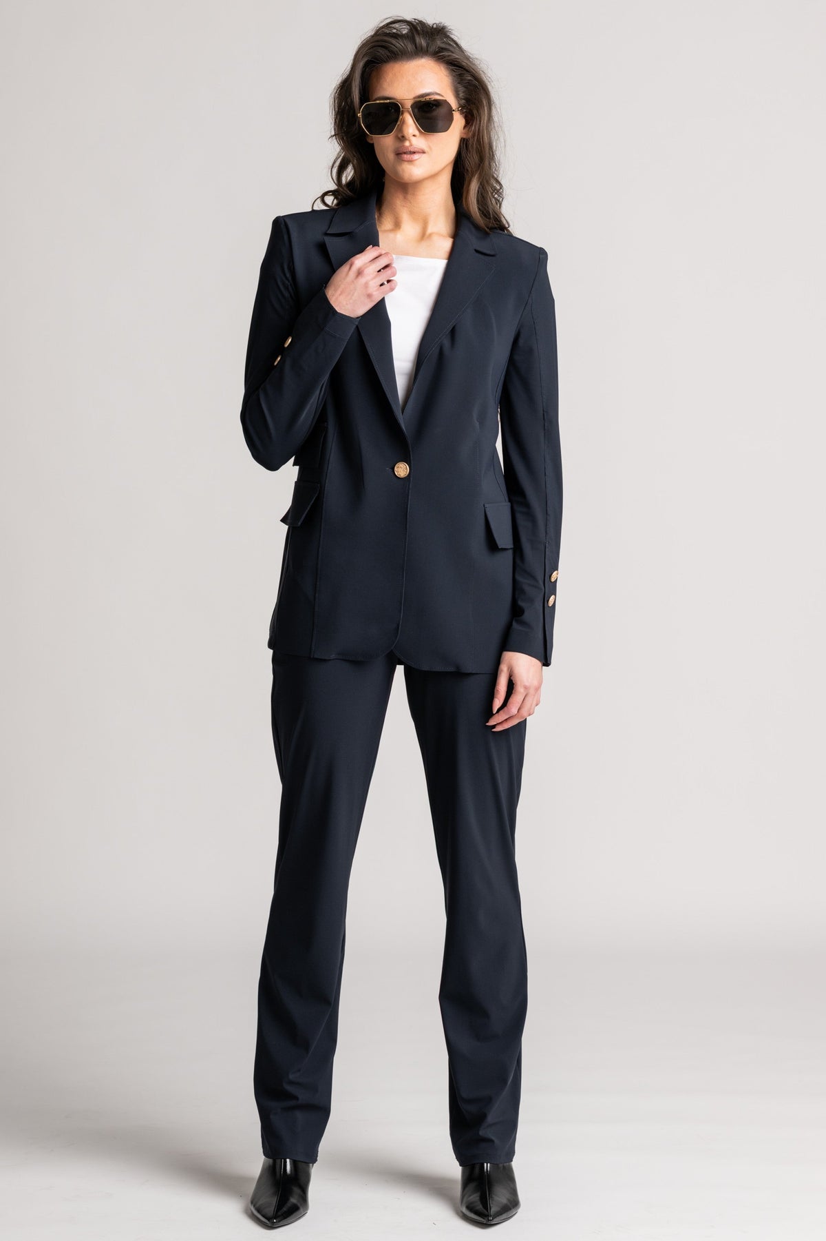PAULA RYAN Long-line Boyfriend Jacket - Microjersey Navy - Paula Ryan