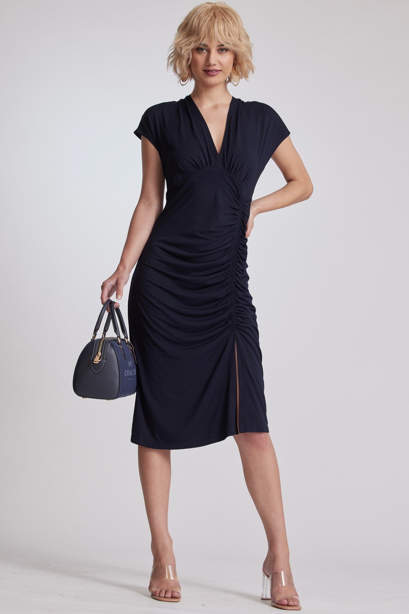 PAULA RYAN V Neck Side Rouched Dress - Black Micromodal - Paula Ryan
