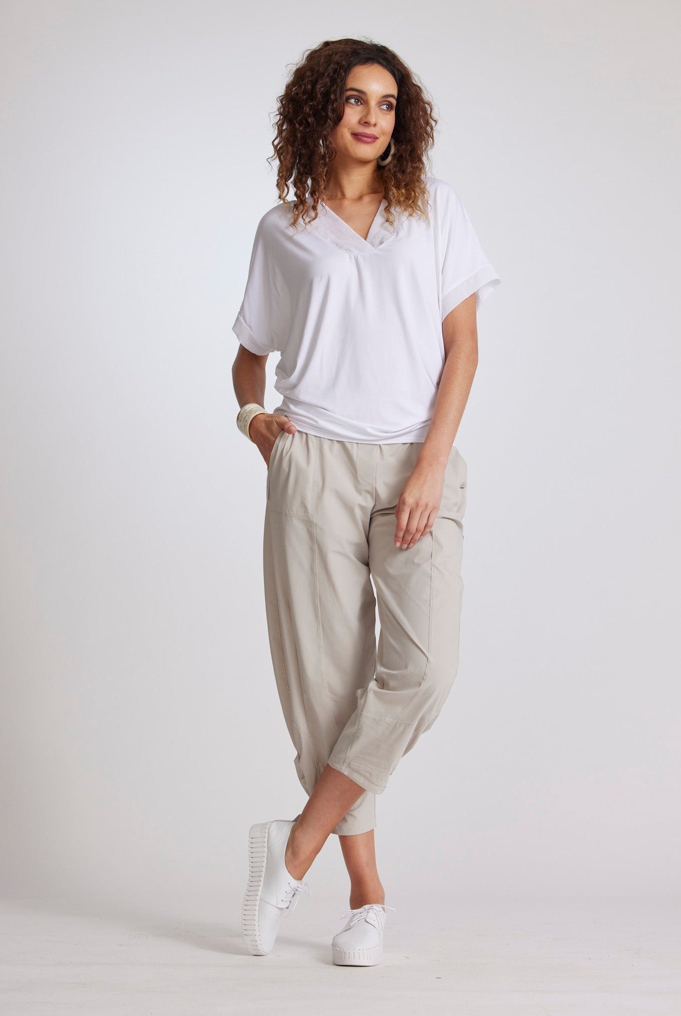 PAULA RYAN V Neck Side Tuck Top - White - Micromodal - Paula Ryan