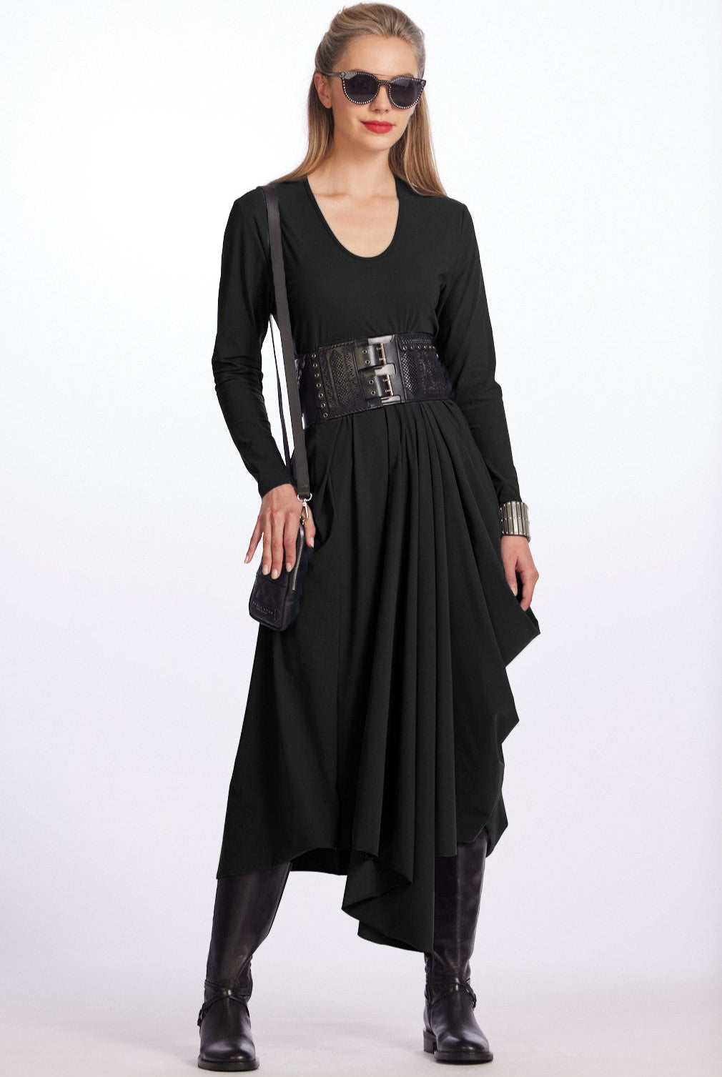 PAULA RYAN Scoop Neck Hitched Tulip Dress - Black - Paula Ryan