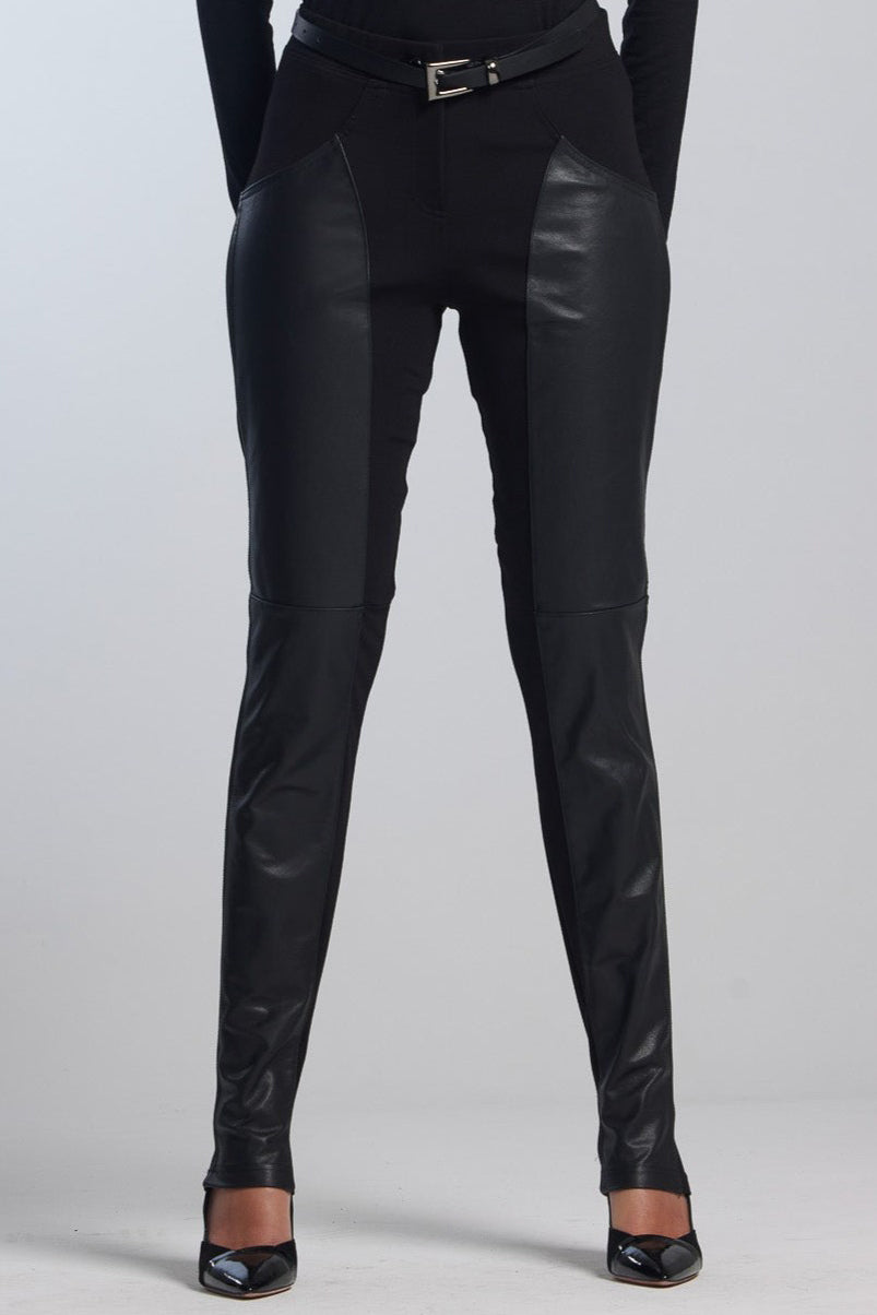 PAULA RYAN Curve Front Leather Seam Pants - Black - Roma Ponte - Paula Ryan