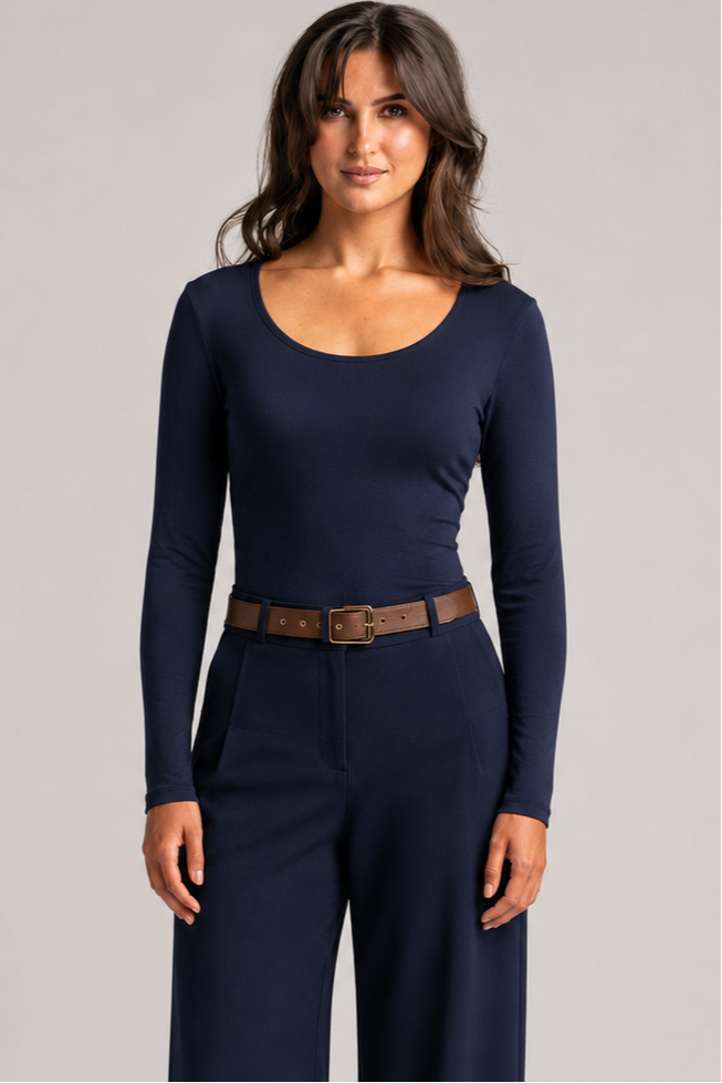 PAULA RYAN Slim Fit Scoop Neck Top - Merino Navy - Paula Ryan