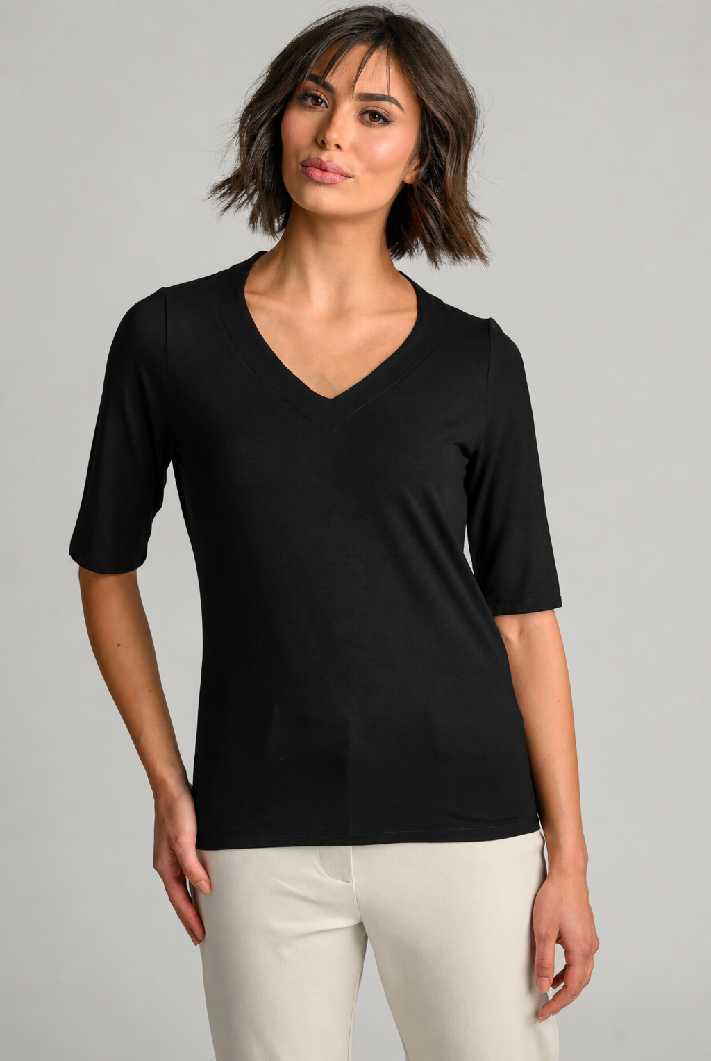 PAULA RYAN Easy Fit Half Sleeve V Neck Top - Black EcoVero - Paula Ryan