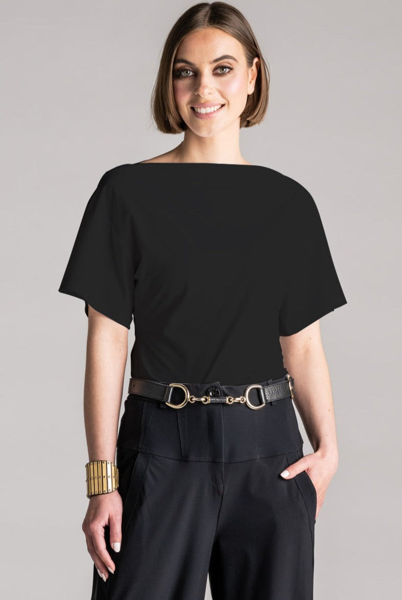 PAULA RYAN Waisted Boat Neck Top Microjersey - Black - Paula Ryan