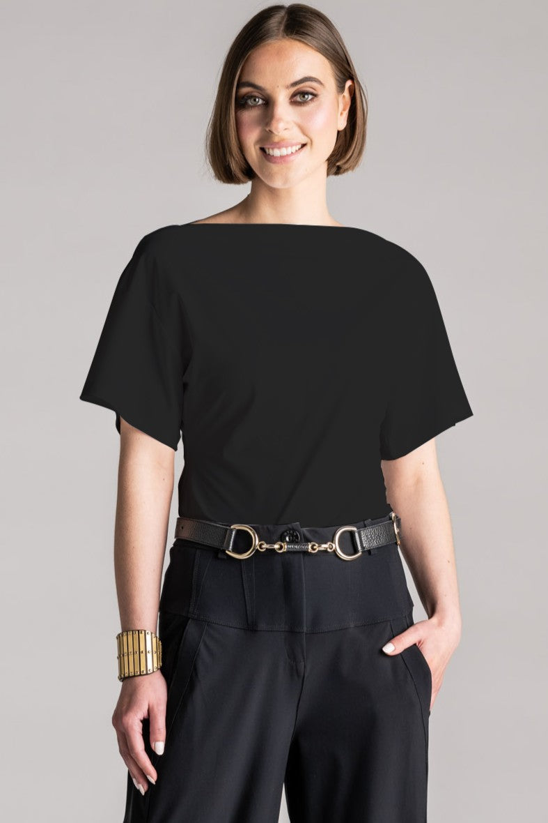 PAULA RYAN Waisted Boat Neck Top Microjersey - Black - Paula Ryan
