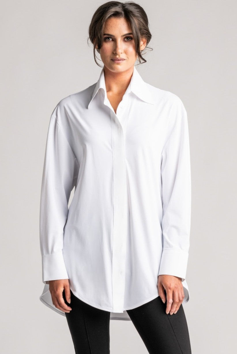 PAULA RYAN High Collar Boyfriend Shirt - Microjersey White - Paula Ryan