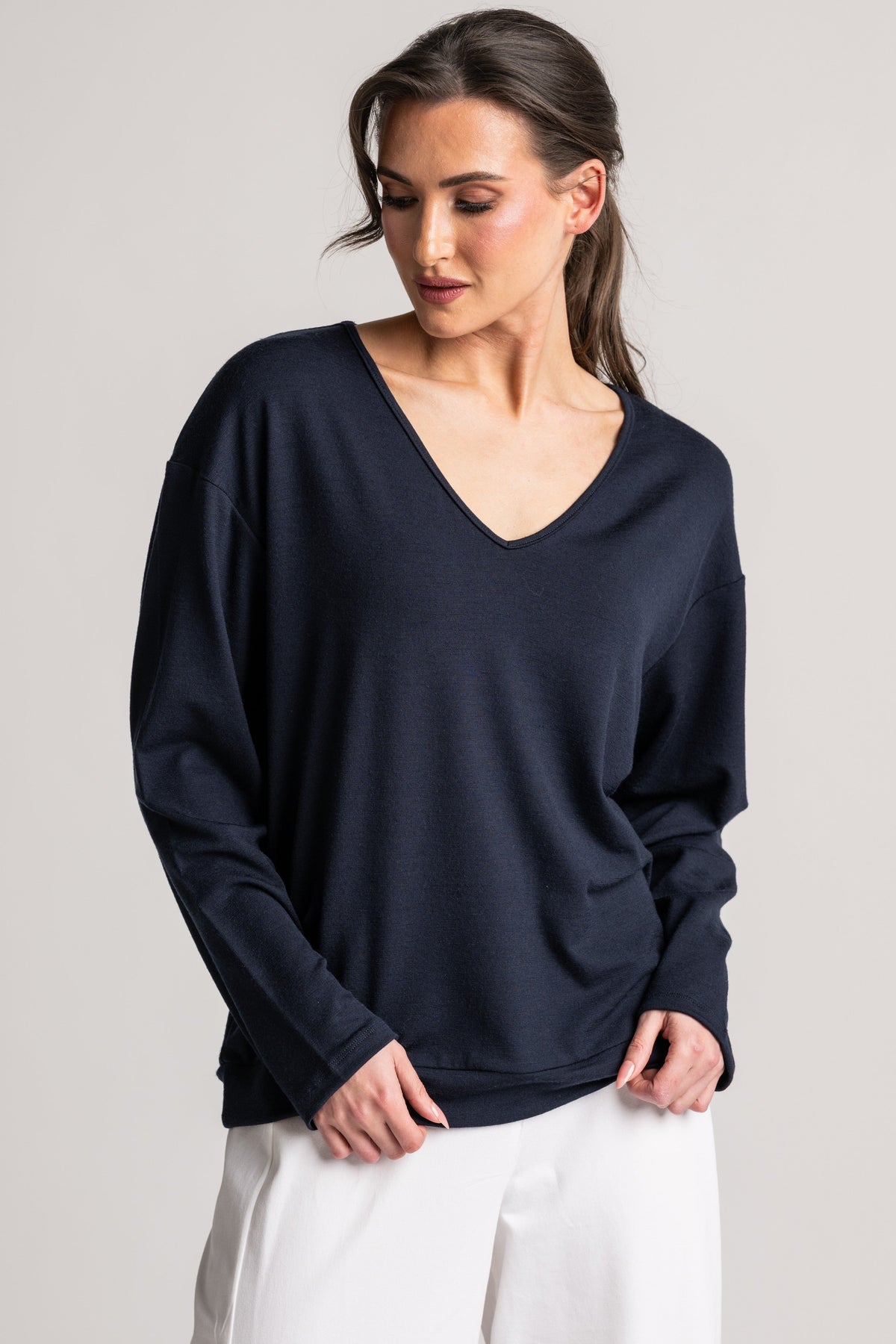 PAULA RYAN Relaxed V-Neck Top - Navy Merino - Paula Ryan