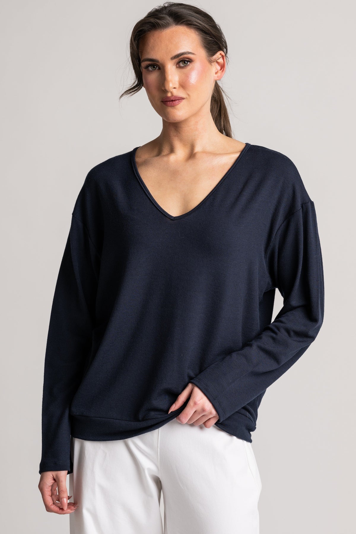 PAULA RYAN Relaxed V-Neck Top - Navy Merino - Paula Ryan