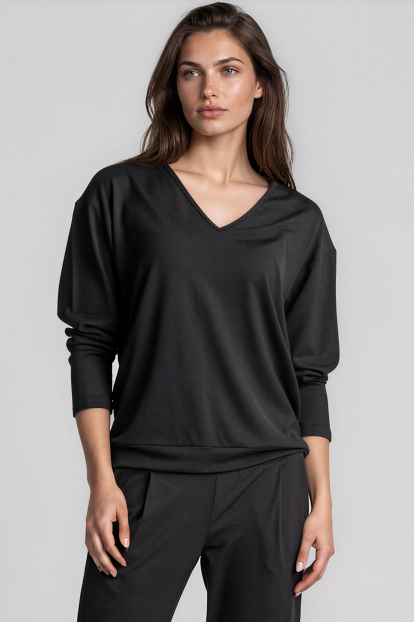 PAULA RYAN Relaxed V-Neck Top - Black Merino - Paula Ryan