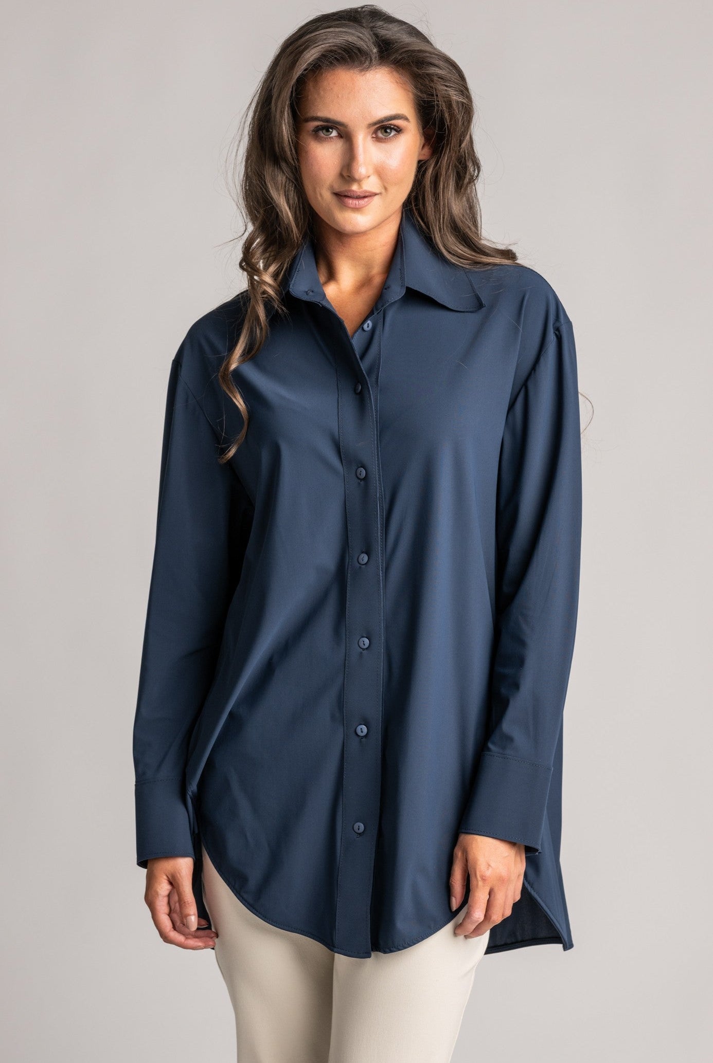 PAULA RYAN High Collar Boyfriend Shirt - Microjersey Shadow Blue - Paula Ryan