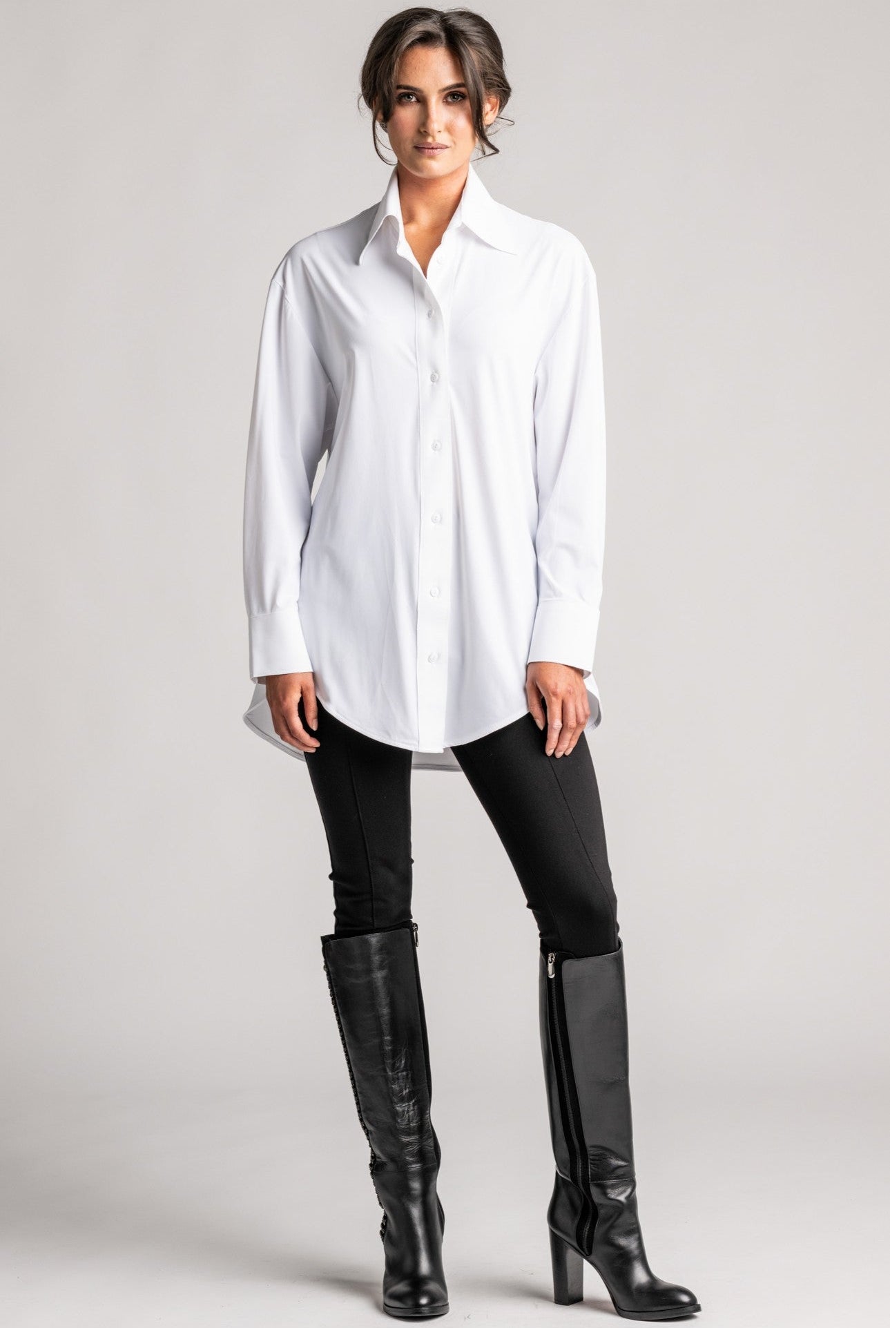 PAULA RYAN High Collar Boyfriend Shirt - Microjersey White - Paula Ryan