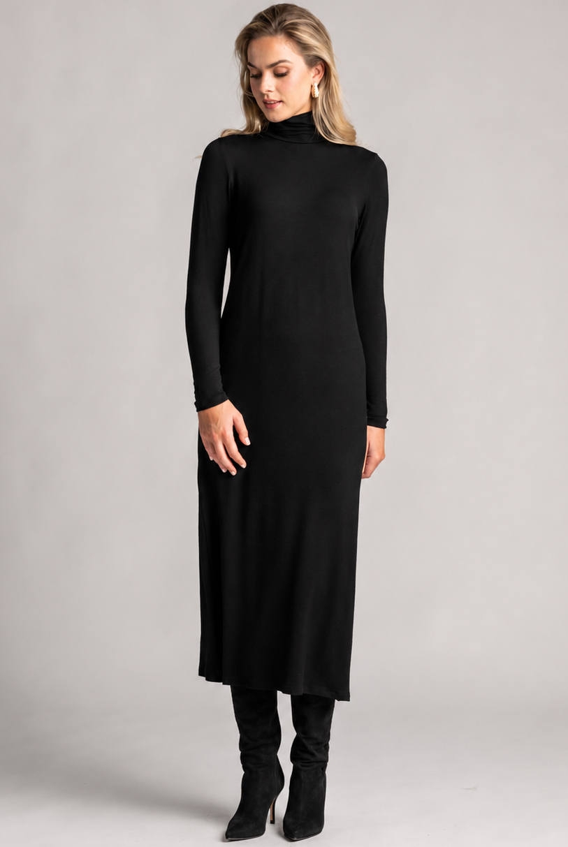 PAULA RYAN Easy Fit Polo Neck Sheath Dress - Black Merino - Paula Ryan