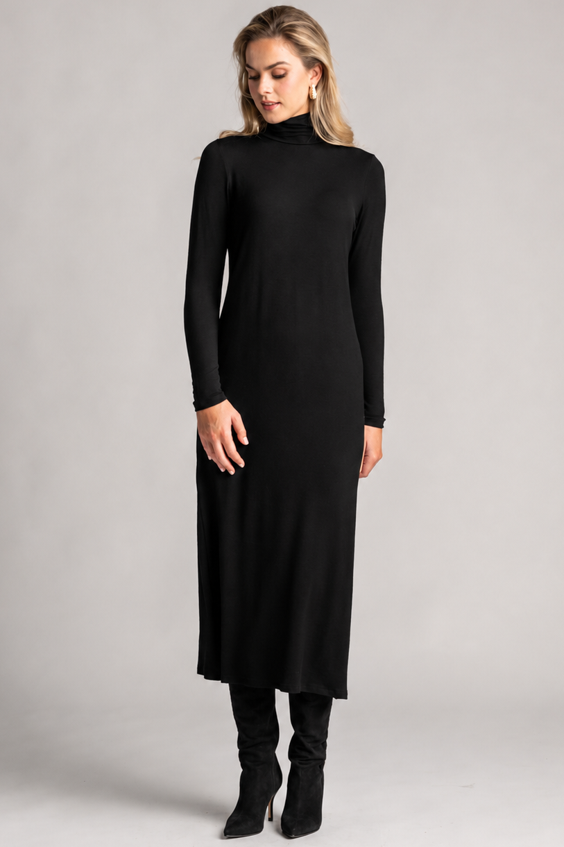 PAULA RYAN Easy Fit Polo Neck Sheath Dress - Black Merino - Paula Ryan
