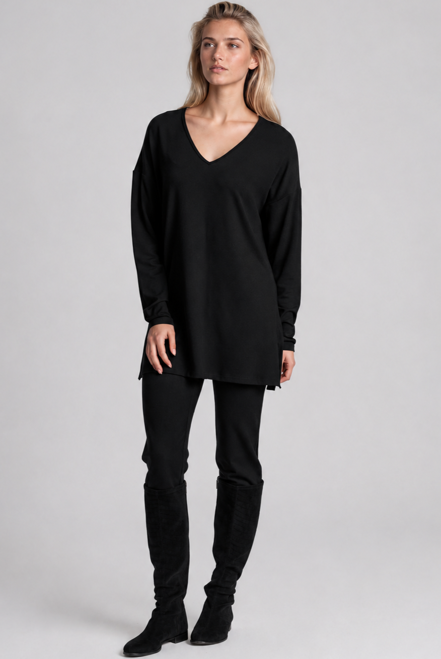 PAULA RYAN Relaxed V-Neck Tunic - Black Merino - Paula Ryan