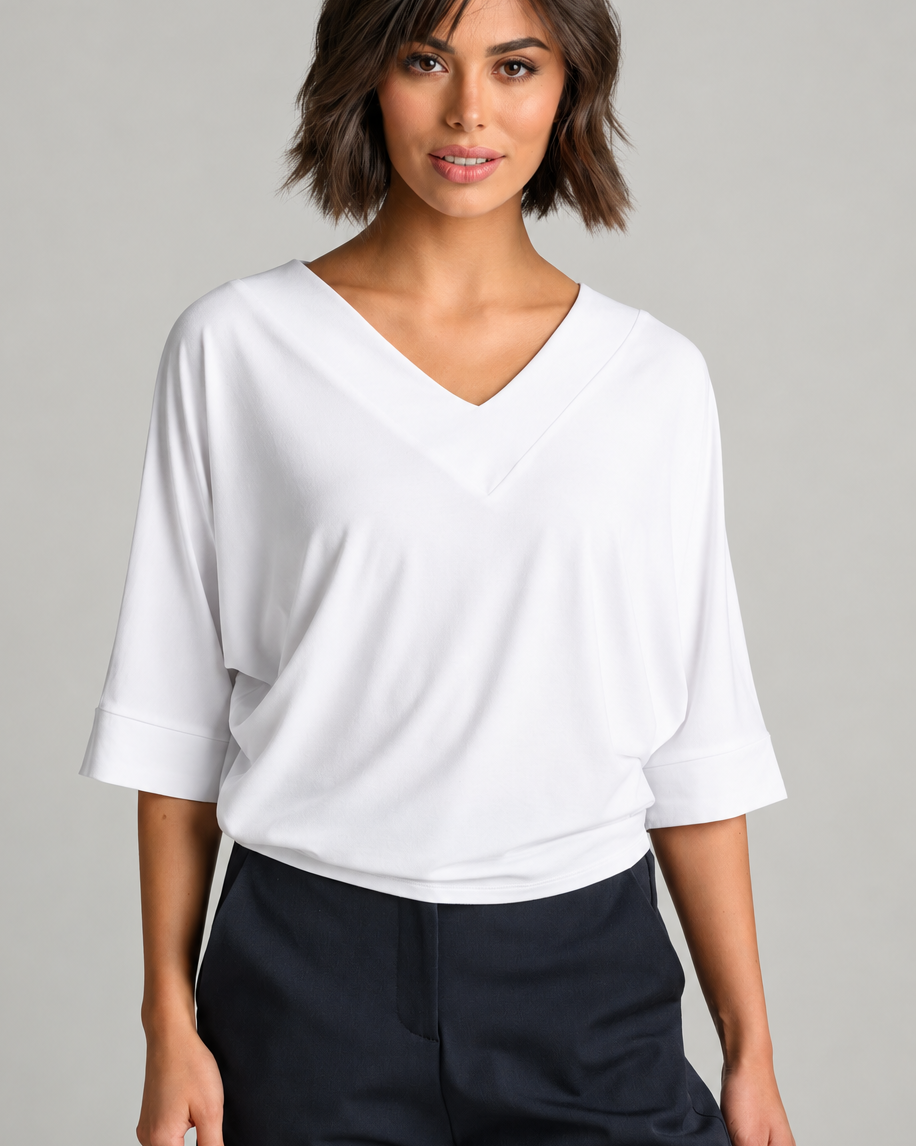 Paula Ryan B1030 V Neck Cloud Top in White, view 1