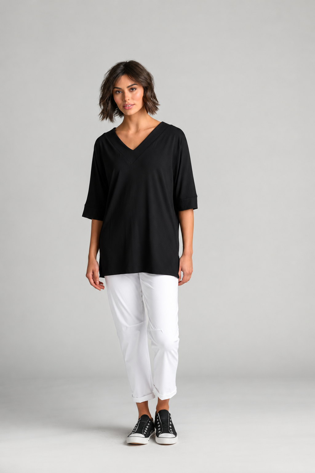 Paula Ryan B1031 Long V Neck Relaxed Top in Black, full length