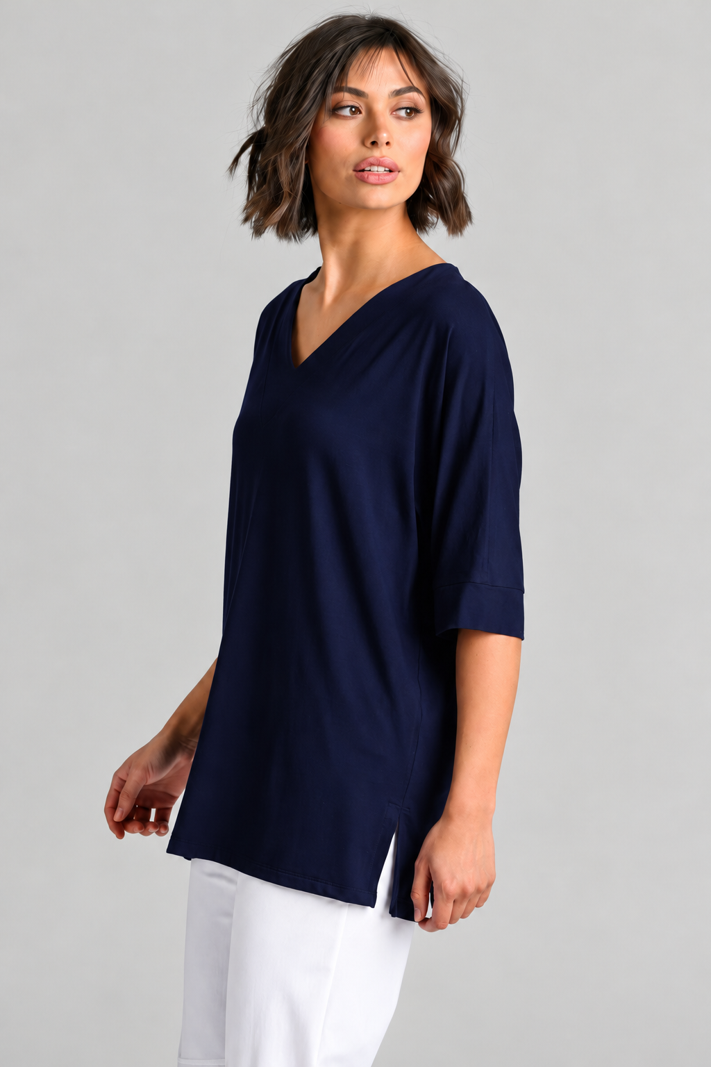 Paula Ryan B1031 Long V Neck Relaxed Top in Navy, closer view 2