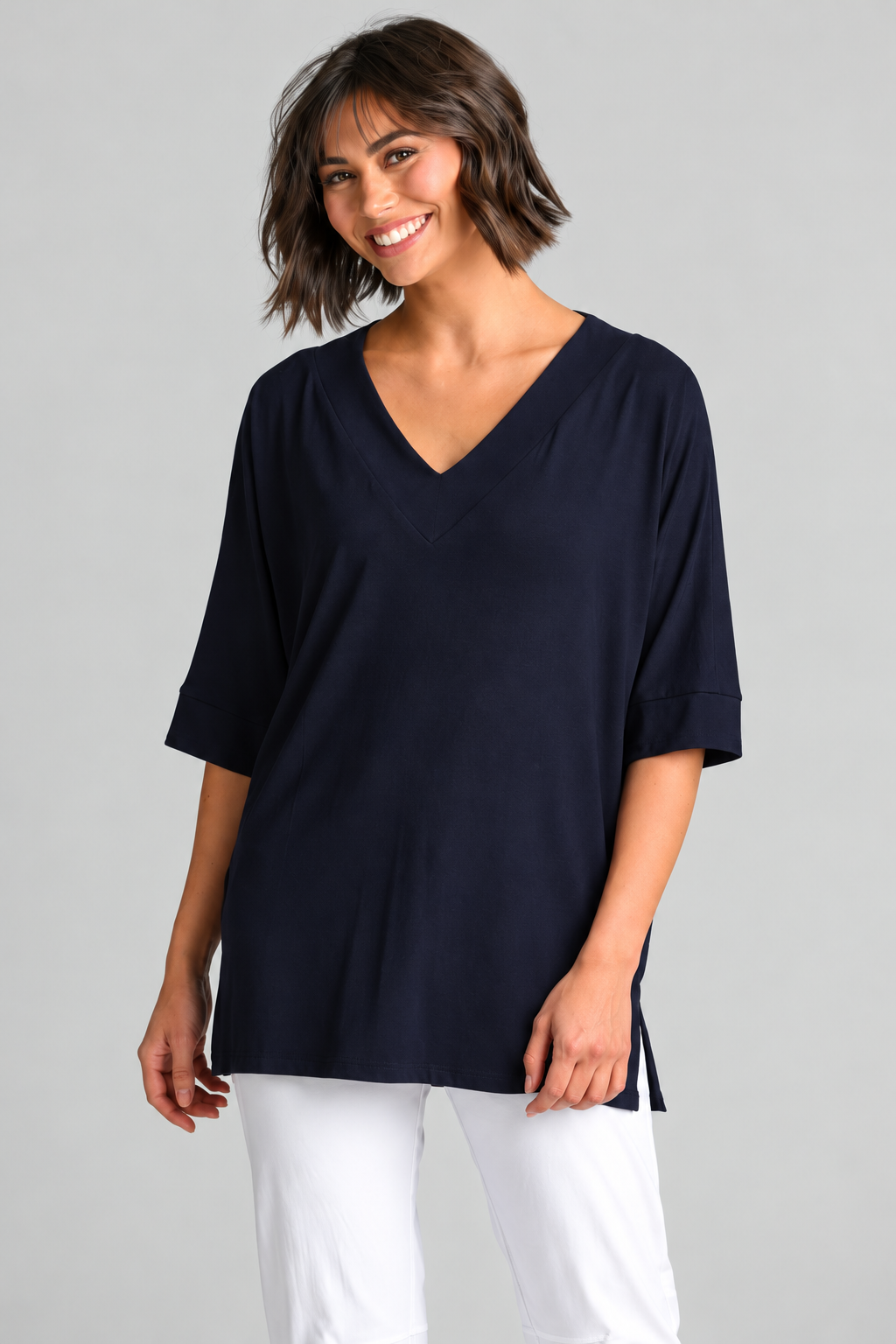Paula Ryan B1031 Long V Neck Relaxed Top in Navy, closer view 4