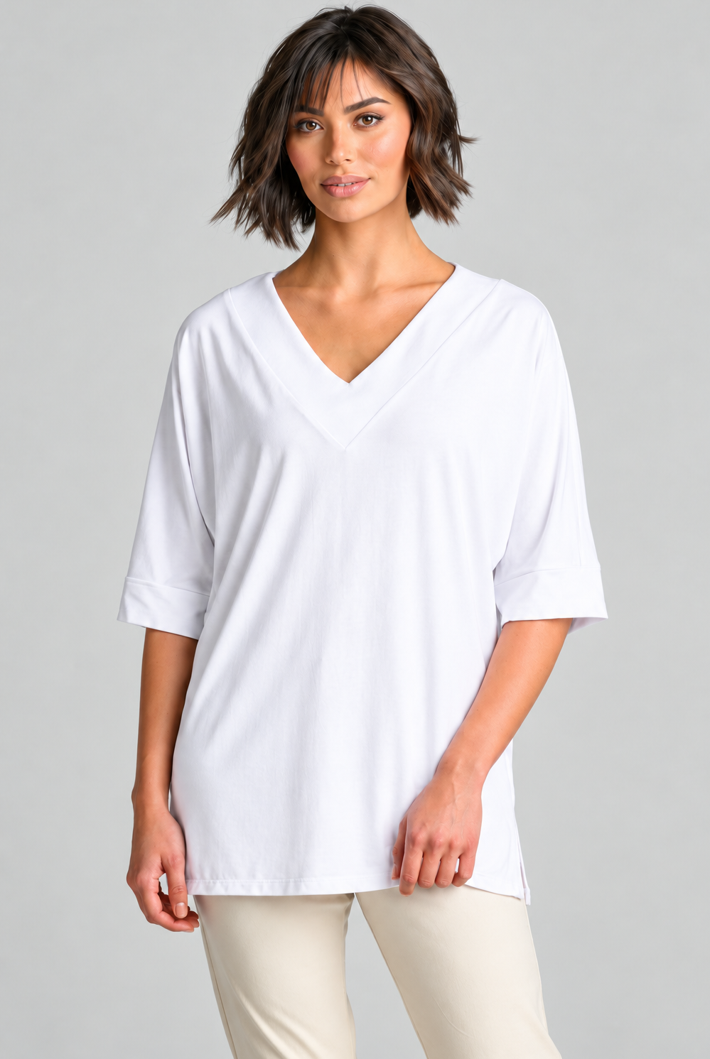 Paula Ryan B1031 Long V Neck Relaxed Top in White, closer view 1
