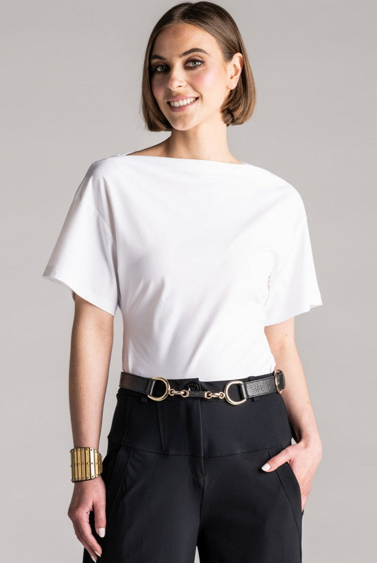 PAULA RYAN Waisted Boat Neck Top Microjersey - White - Paula Ryan