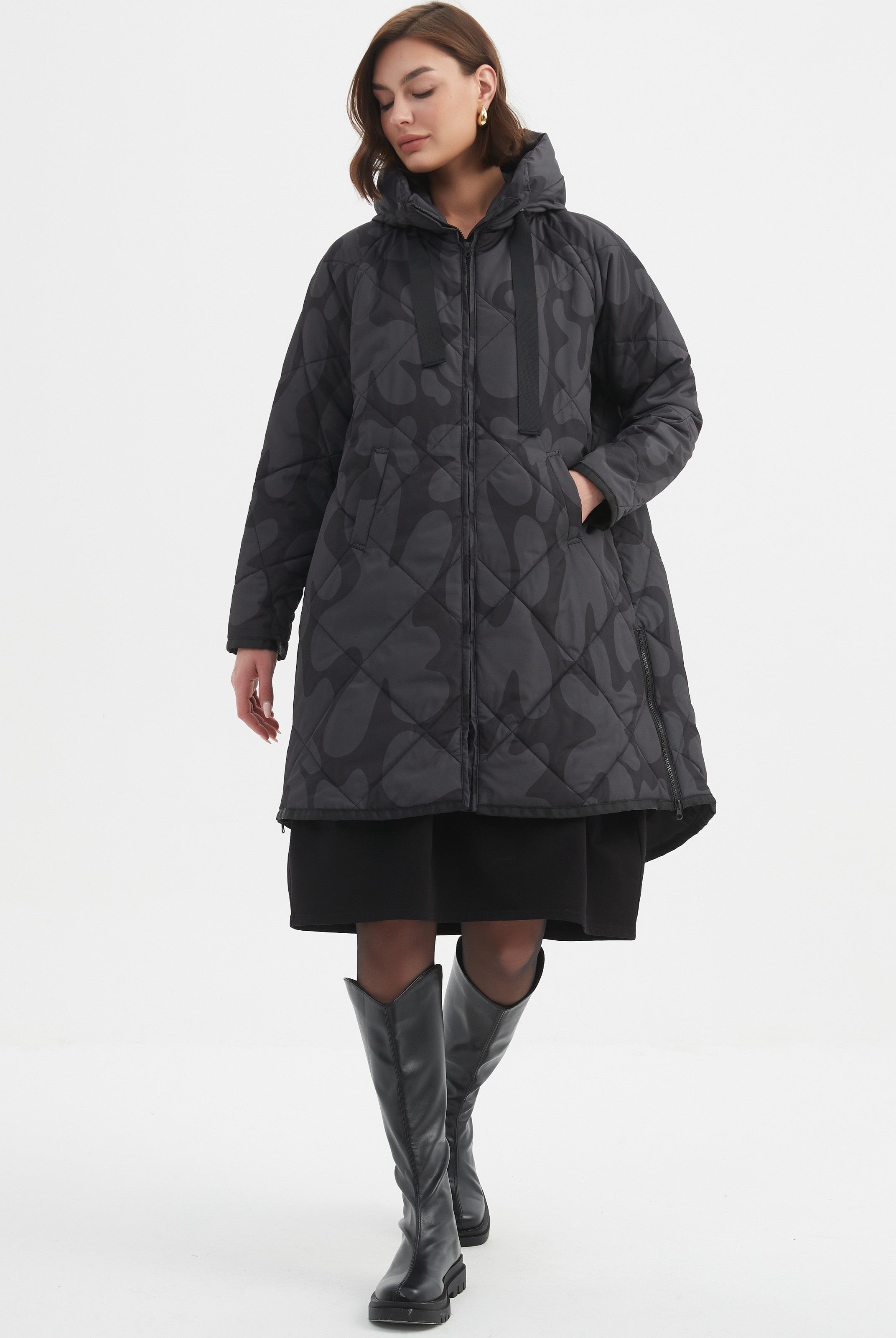 TIRELLI Print Zip Hem Winter Coat - Charcoal/Black Blot Print - Magpie Style