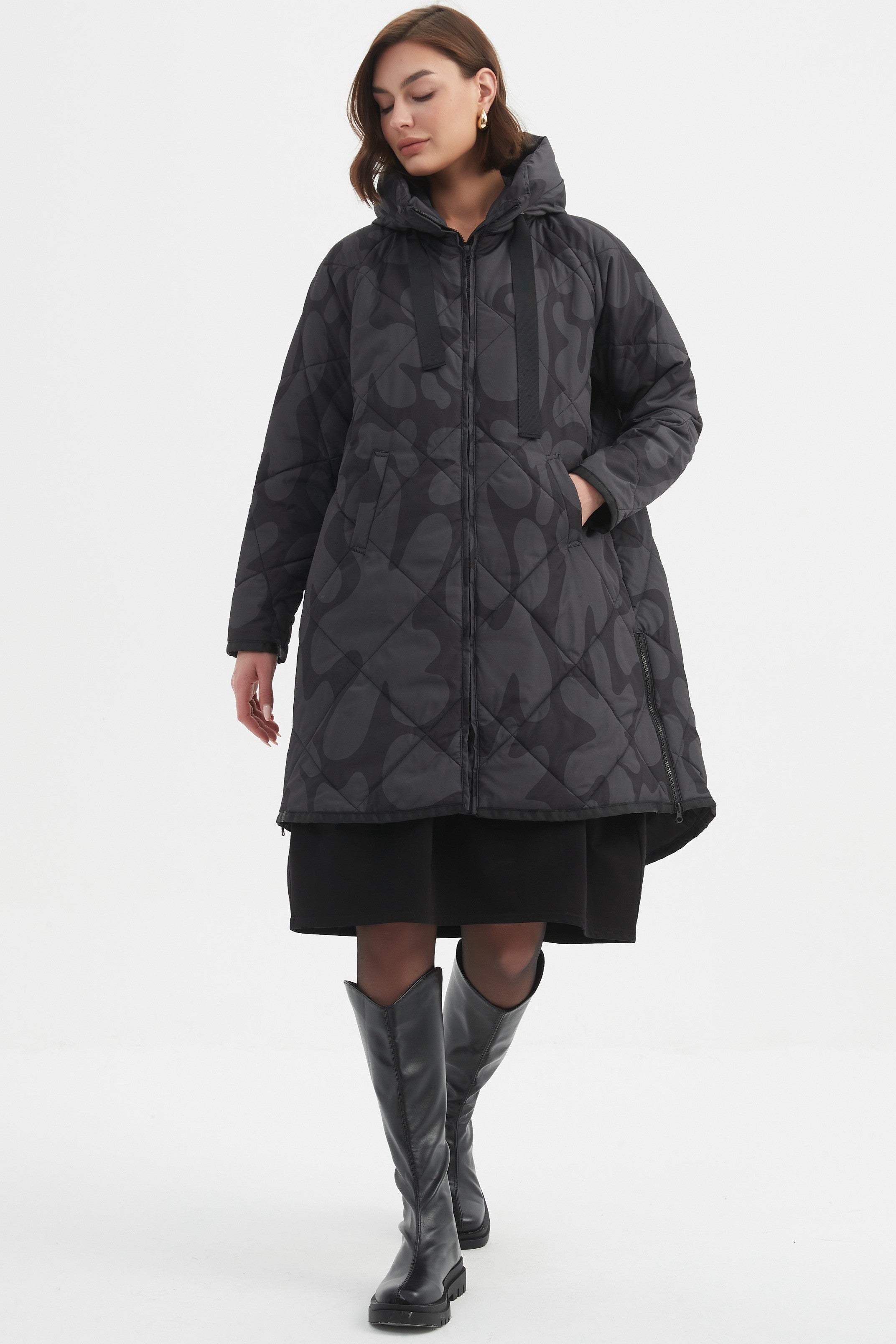 TIRELLI Print Zip Hem Winter Coat - Charcoal/Black Blot Print - Magpie Style