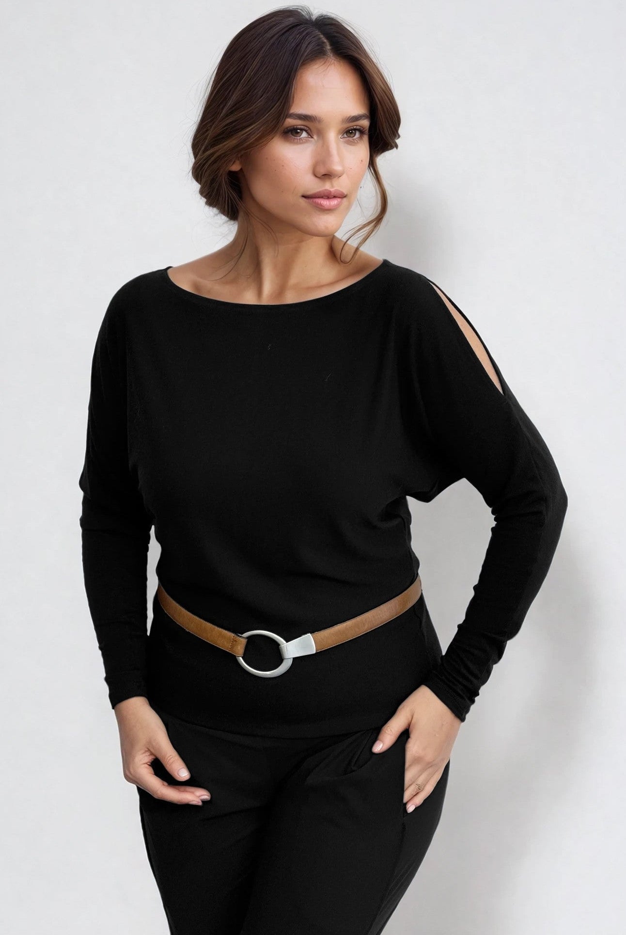 PAULA RYAN Cold Shoulder Batwing Top Merino - Black - Paula Ryan