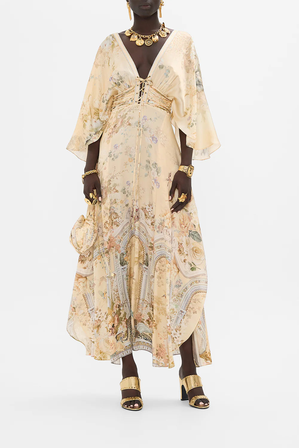 CAMILLA - V-neck Lace Up Detail Long Dress Adorned In Antiquity - Magpie Style