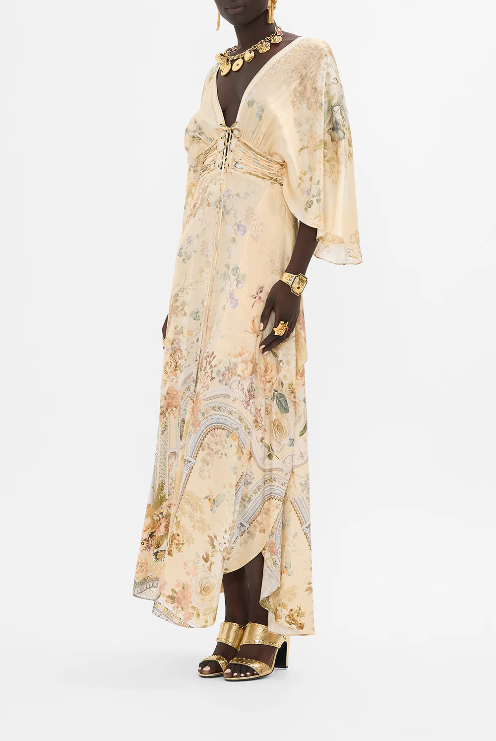 CAMILLA - V-neck Lace Up Detail Long Dress Adorned In Antiquity - Magpie Style