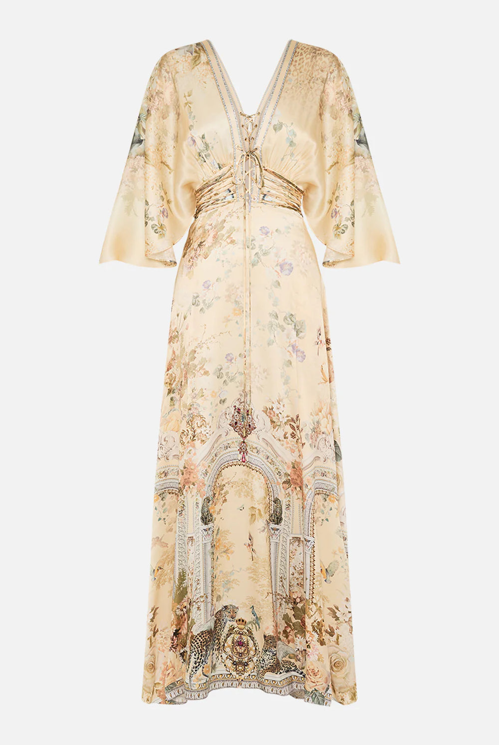 CAMILLA - V-neck Lace Up Detail Long Dress Adorned In Antiquity - Magpie Style