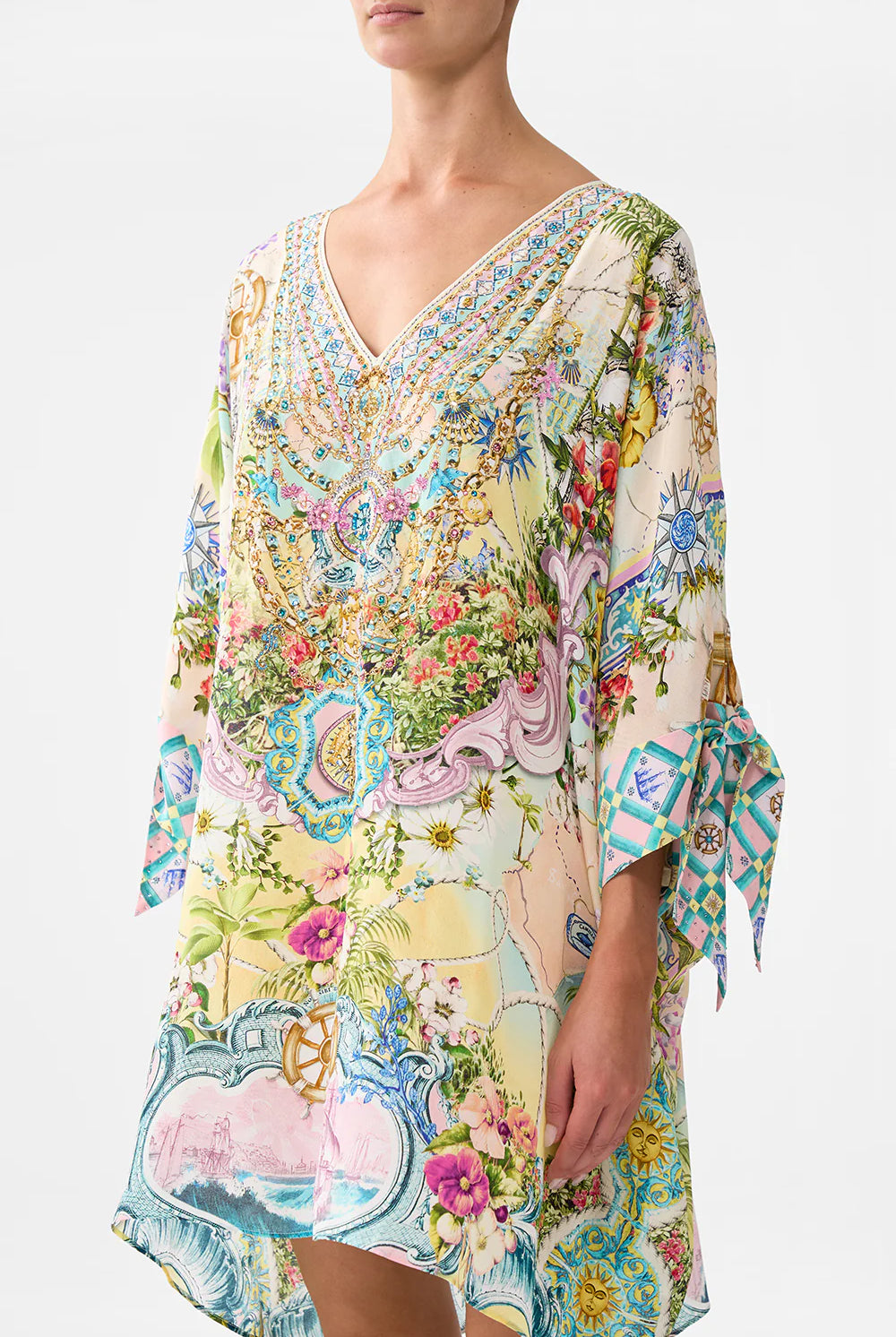 CAMILLA Tie Sleeve Short V Neck Kaftan - Just Coasting - Magpie Style