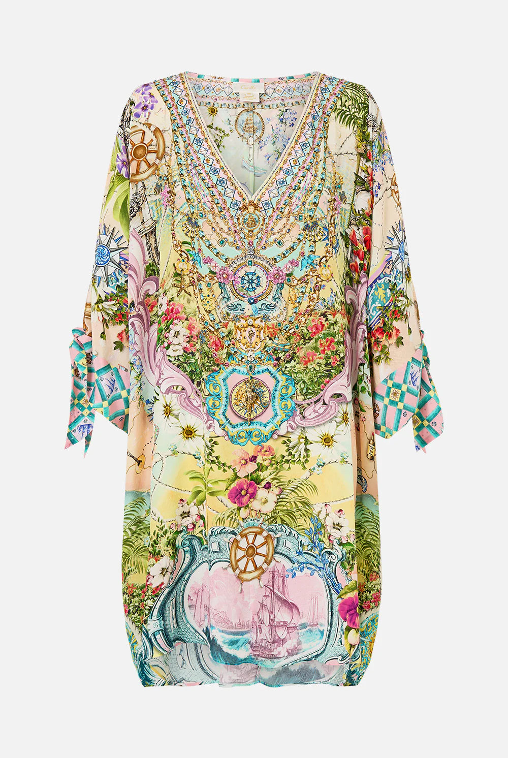 CAMILLA Tie Sleeve Short V Neck Kaftan - Just Coasting - Magpie Style