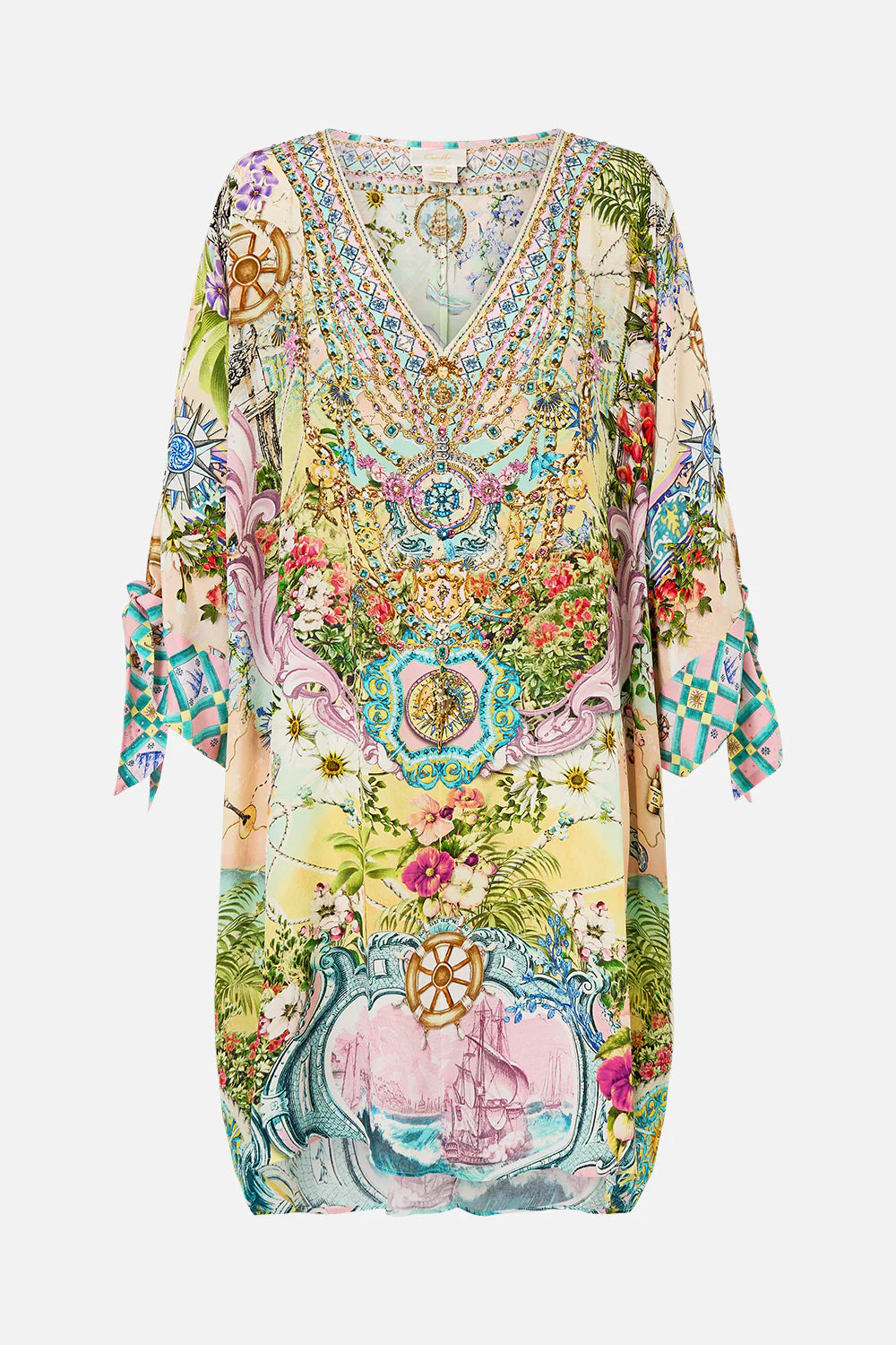 CAMILLA Tie Sleeve Short V Neck Kaftan - Just Coasting - Magpie Style