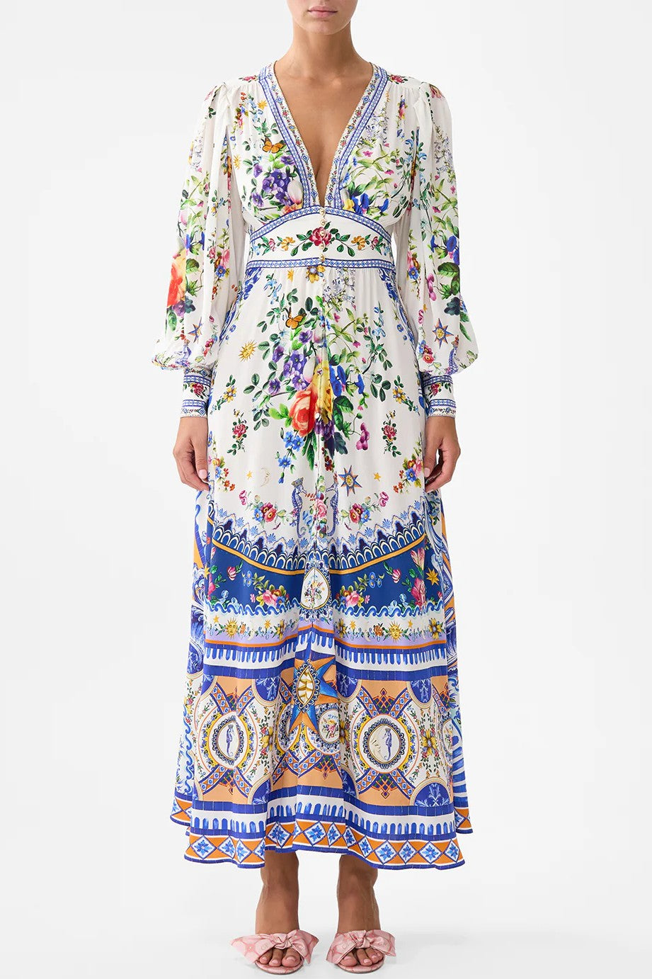 CAMILLA Shaped Waistband Dress with Gathered Sleeves - Tiles Darls - Magpie Style