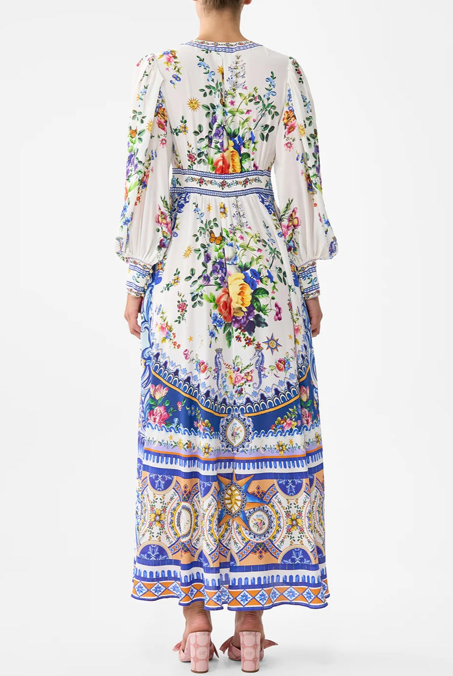 CAMILLA Shaped Waistband Dress with Gathered Sleeves - Tiles Darls - Magpie Style