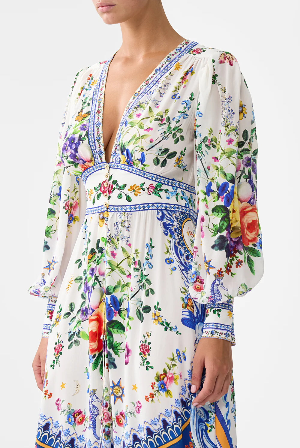 CAMILLA Shaped Waistband Dress with Gathered Sleeves - Tiles Darls - Magpie Style