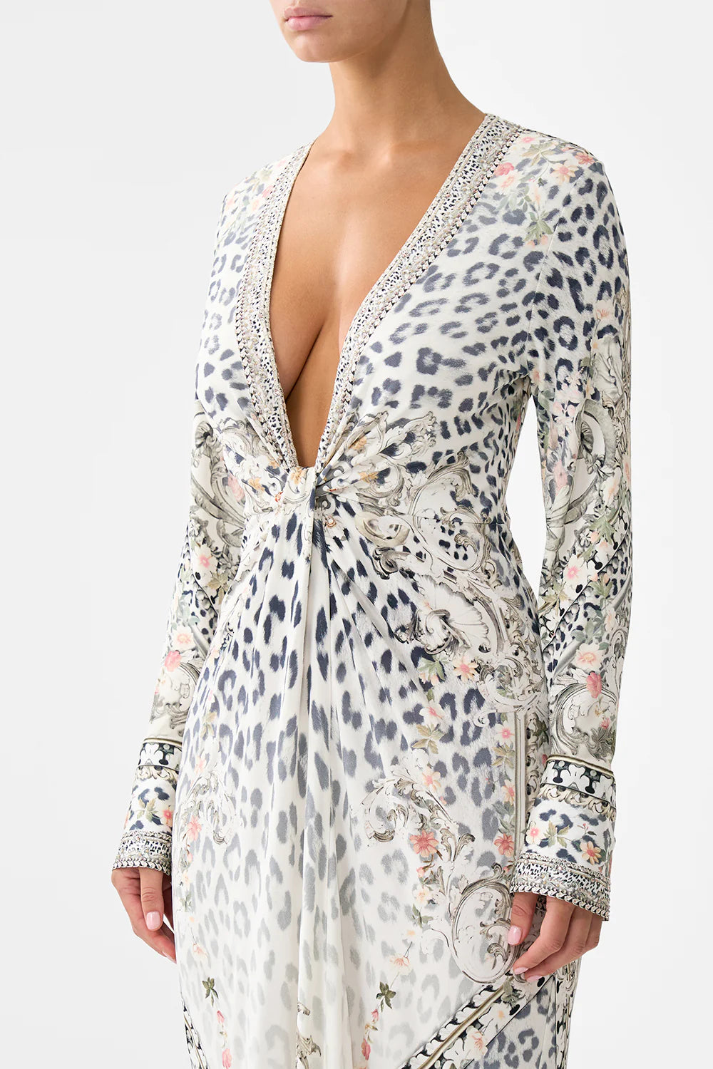 CAMILLA Long V Neck Twist Front Jersey Dress - Marble Heaven - Magpie Style