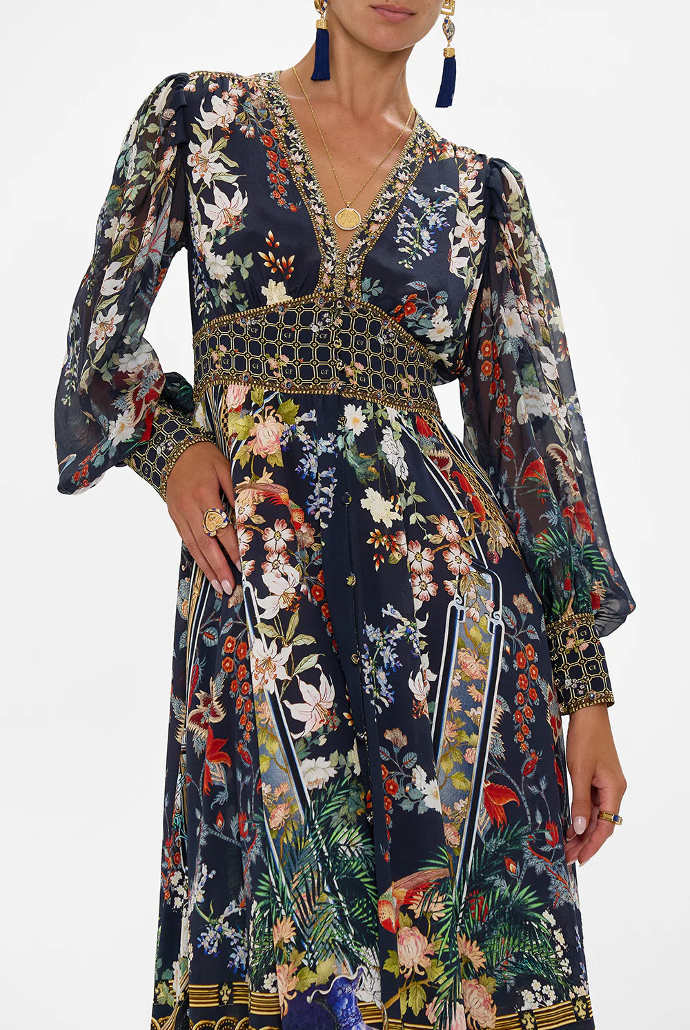 CAMILLA Shaped Waistband Dress with Gathered Sleeves - Palacio Poetry - Magpie Style